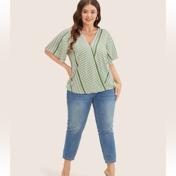 BloomChic Plus Size Geometric Contrast Ruffle Sleeve Wrap Blouse - Picture 7 of 8